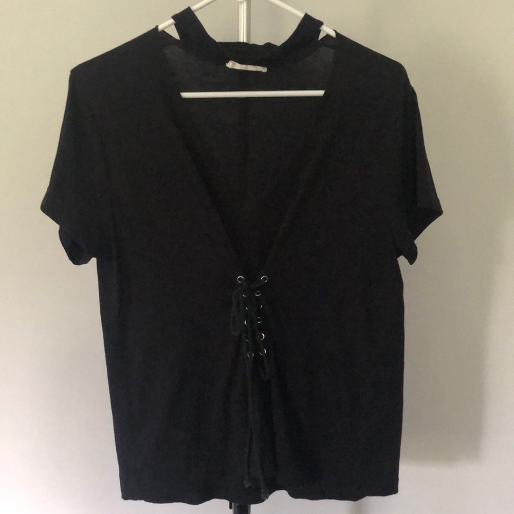 Lush Black Choker Neckline T Shirt Sz S Lace Up